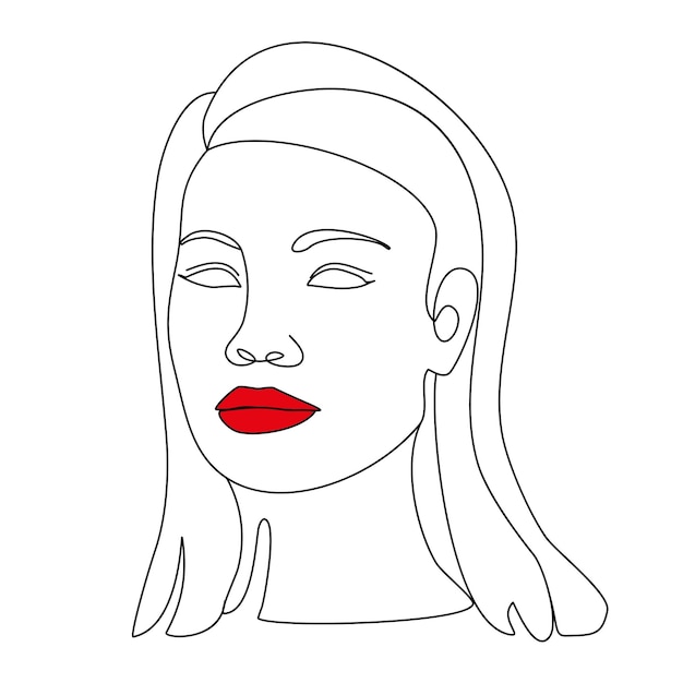 Line woman face with red lips