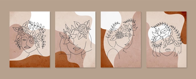Ritratto di donna di linea con poster contemporanei disegnati a mano minimalisti con set di fiori