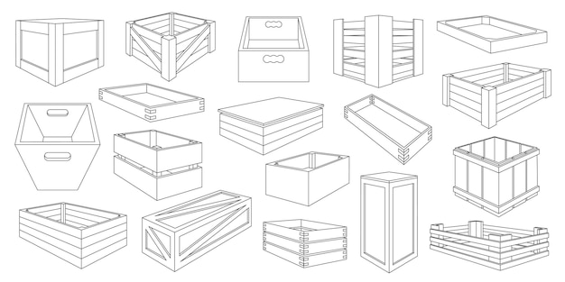 Линейные деревянные коробки Закрытая и открытая деревянная ящиковая упаковка Традиционная древесная корзина и ящик для хранения Деревянная упаковка Векторный набор