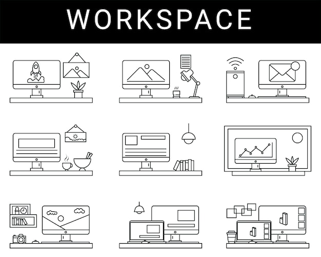 Vector a line of workspaces with a black and white background icon collection