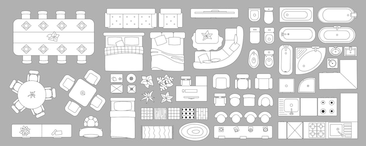Lineair interieur in top view mega set in plat grafisch ontwerp Collectie elementen van contour appartement plan met keuken eetkamer slaapkamer woonkamer badkamer en andere objecten Vector illustratie