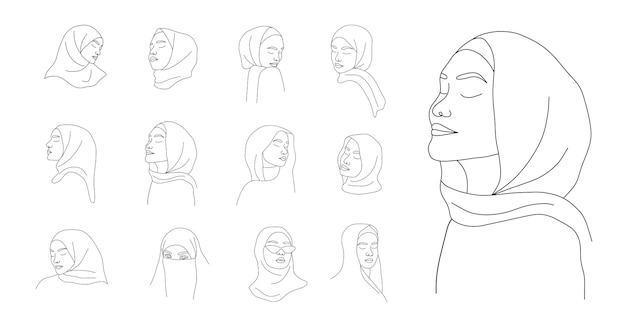 Lineaire Arabische vrouwen in hijab Set van hedendaagse minimalistische vrouwelijke portretten met gesloten ogen