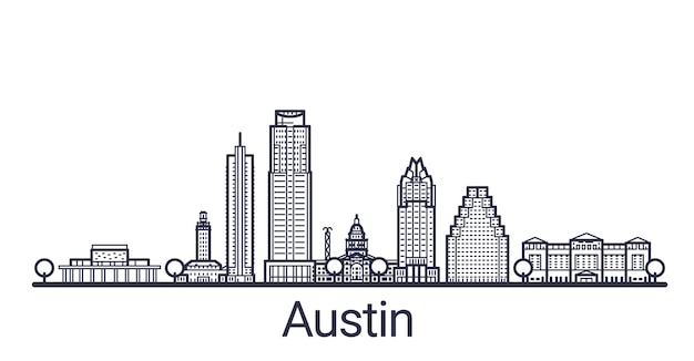 Lineaire banner van de stad Austin. Alle gebouwen - aanpasbare verschillende objecten met uitknipmasker, zodat u de achtergrond en compositie kunt wijzigen. Lijn kunst.