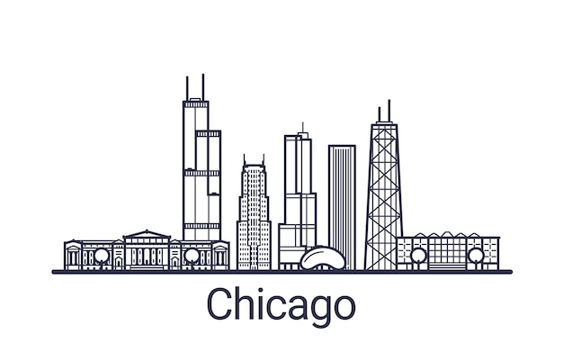 Lineaire banner van de stad Chicago. Alle gebouwen in Chicago - aanpasbare objecten met een dekkingsmasker, zodat u eenvoudig de compositie en achtergrondvulling kunt wijzigen. Lijn kunst.