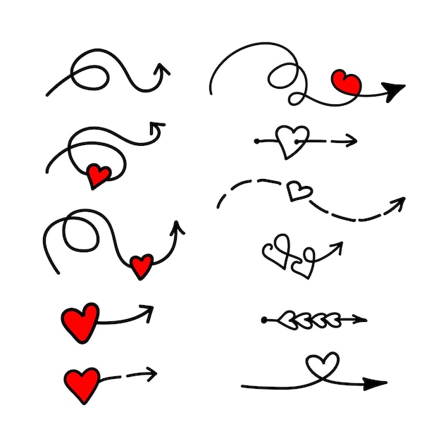 Lineaire doodle pijl met rood hart Liefde aanwijzer traject zoals Vector design element