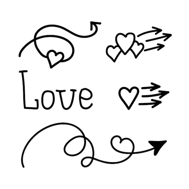 Lineaire doodle set liefdespijl met hart en bezaaid handschrift Love Pointer liefdestraject zoals