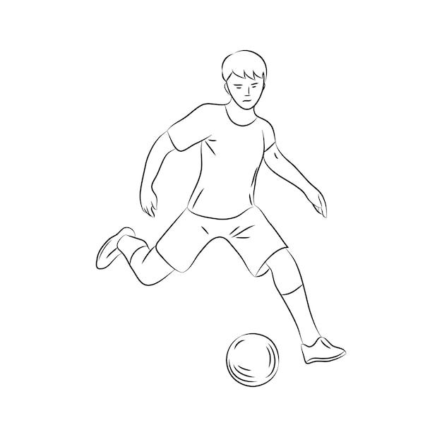 Lineaire illustratie van een voetballer met een bal tekening van een voetballer die een bal schopt sportspel geïsoleerd op witte achtergrond vector graphics