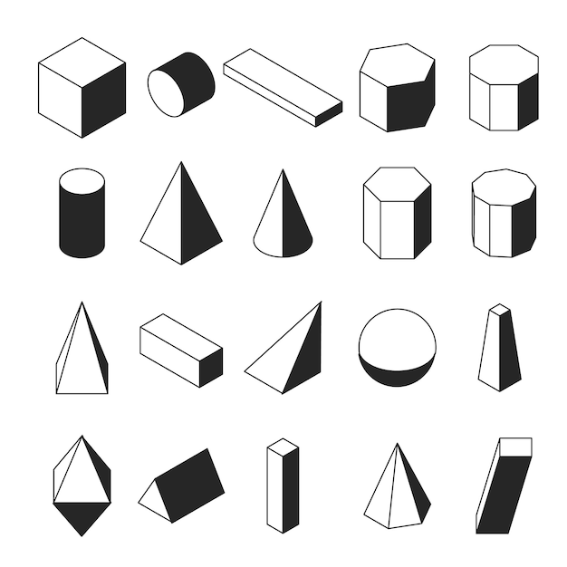 Lineaire isometrische geometrische vormen. Zwart-witte voorwerpen. Eenvoudige wiskundige pictogrammen. Vector illustratie.
