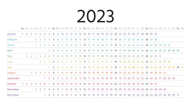 Lineaire kalender voor 2023 jaar vectorillustratie jaarlijks raster van kalender