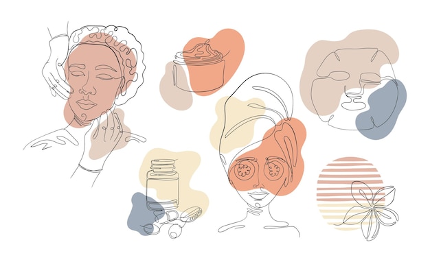 Lineaire kunst vectorillustratie van vrouw gezichtsverzorging procedures, cosmetische maskers, injecties, crème. Vrouwengezichten worden getekend met lijnen, schoonheid en gezondheid van de huid