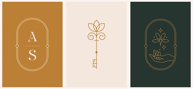Lineaire minimalistische stijl logo's set sjabloon met prachtige esoterische vrouwen hand monogram en sleutel kapsalon schoonheidssalon biologische cosmetica spa