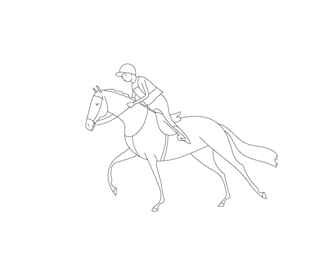 Lineaire omtrek van een ruiter en een paard dat snelle hippische eventing galoppeert