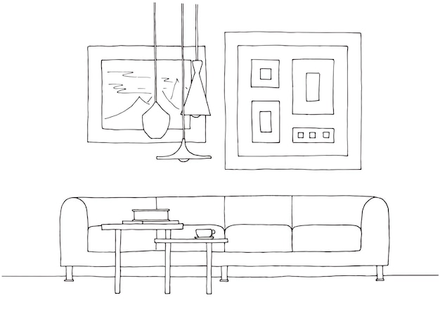 Vector lineaire schets van een interieur hand getrokken vectorillustratie van