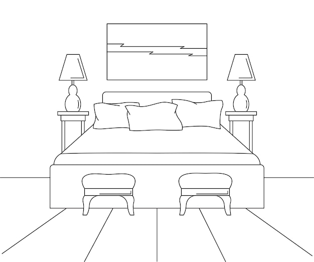 Lineaire schets van een interieur Schetslijn slaapkamers Bed twee krukken twee lampen en een afbeelding boven het bed Vectorillustratie