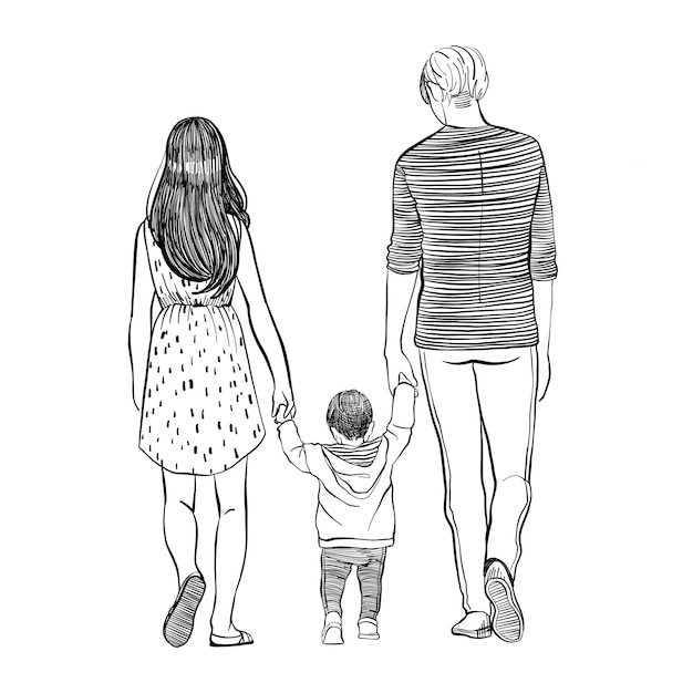 Lineaire tekening silhouet familie komt moeder vader zoontje zwart en wit