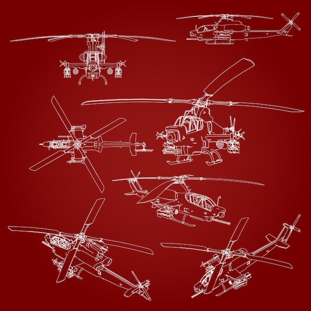 Lineaire vectorillustratie van een militaire helikopter instellen