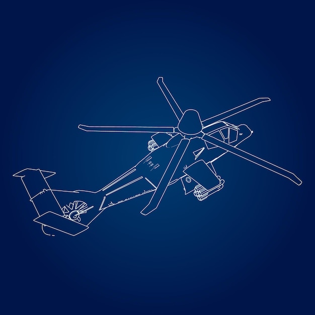 Lineaire vectorillustratie van een militaire helikopter op een blauwe achtergrond.