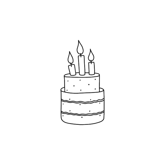 Lineaire, zwart-witte verjaardagstaart met drie kaarsen. Vector icoon, perfect voor World Cake Day.