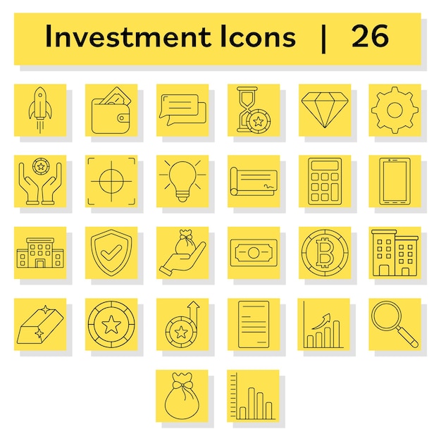 直線的なスタイル 26 投資アイコンまたは黄色の正方形の背景に設定されたシンボル