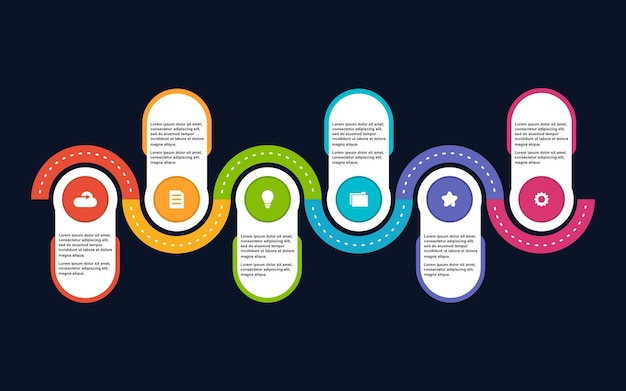 Vettore roadmap lineare a 6 passaggi con icone modello infografico per banner di presentazione aziendale