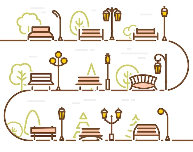 Linear abstract street with park elements forest tree park bench and lantern vector illustration