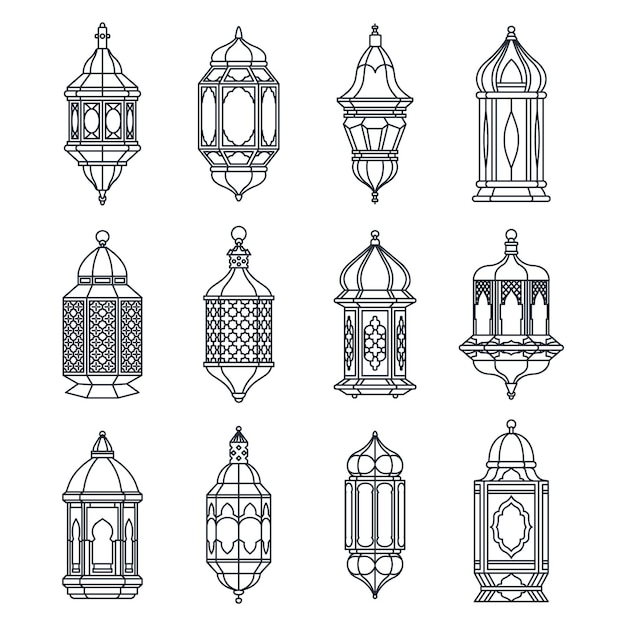 Linear arabian lamp or lantern vector icon set