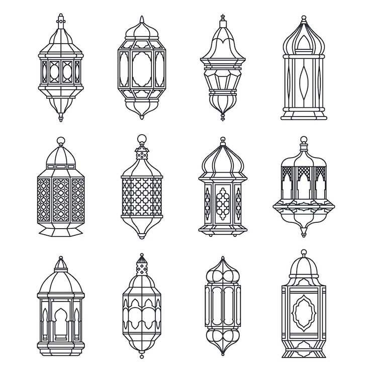 Vector linear arabian lamp or lantern vector icon set