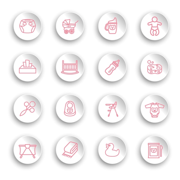 Vector linear baby care icons set on white stickers with transparent shadows