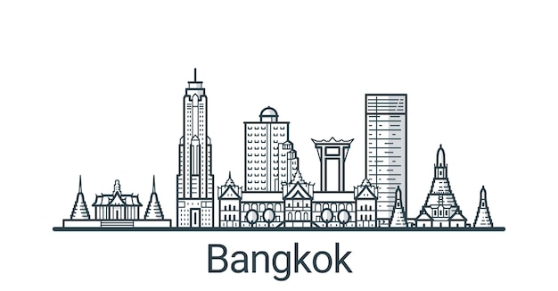 Vettore banner lineare della città di bangkok. tutti gli edifici: oggetti diversi personalizzabili con riempimento di sfondo, così puoi cambiare la composizione del tuo progetto. linea artistica.