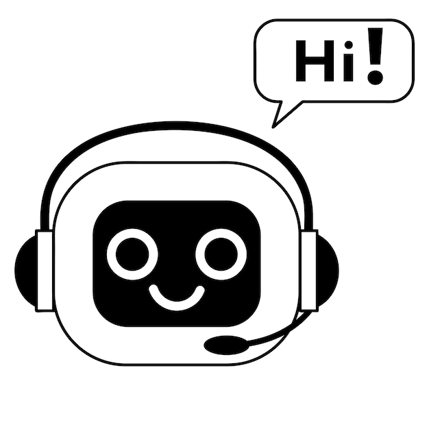 Linear black and white illustration of a chat bot head saying hi for customer support ai bot helper
