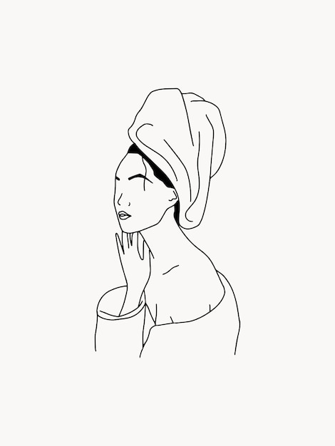 Linear bohemian fashion illustration with abstract woman in towel self care trendy minimal line art