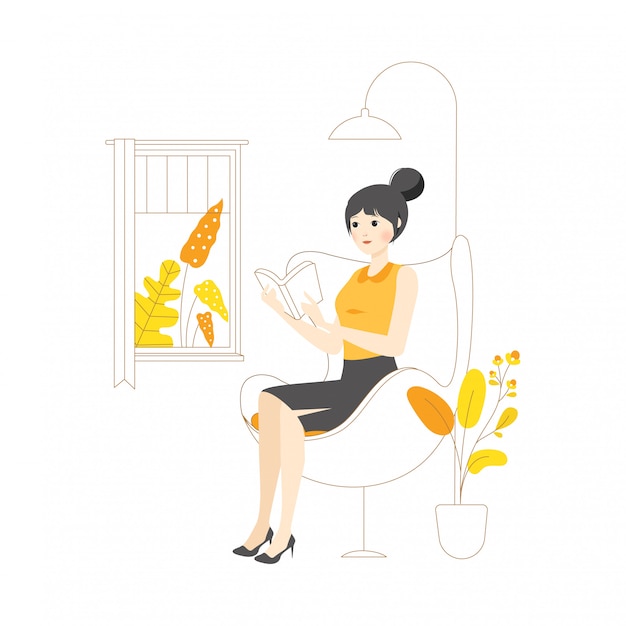 Линейный характер женщина девушка концепция Иллюстрация чтение книги расслабиться самоизоляции