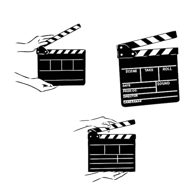 Icona del batacchio lineare per il film, un petardo per la realizzazione di un film, una tavola per un'illustrazione vettoriale di un set cinematografico