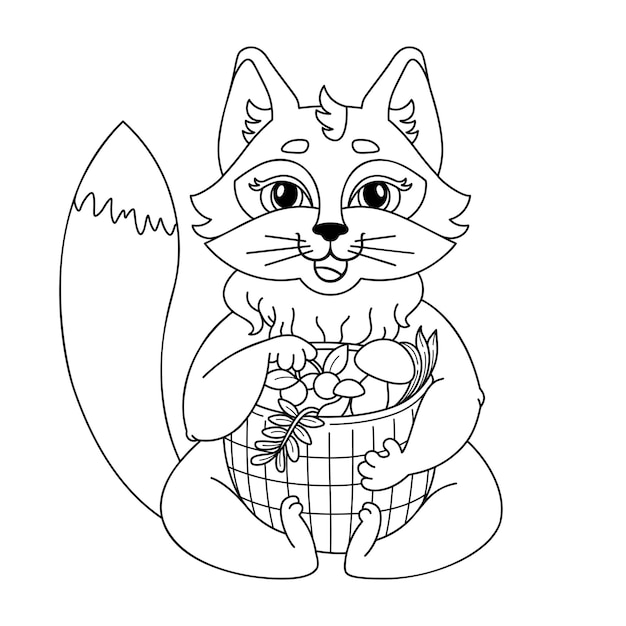 Linear drawing of fox with basket of mushrooms and berries Childs character for coloring book