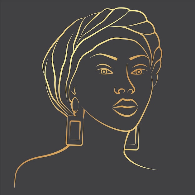 Linear drawing golden illustration of black woman portrait