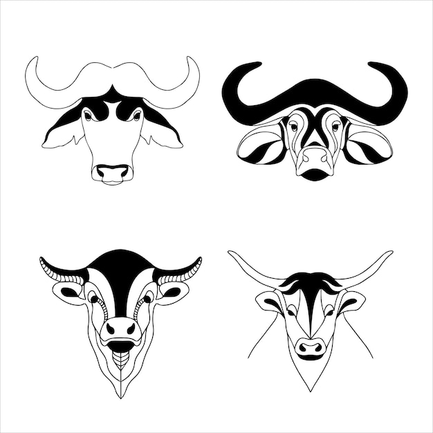 雄牛の頭の線画。ベクトル雄牛のロゴ。角のある動物の塗り絵。