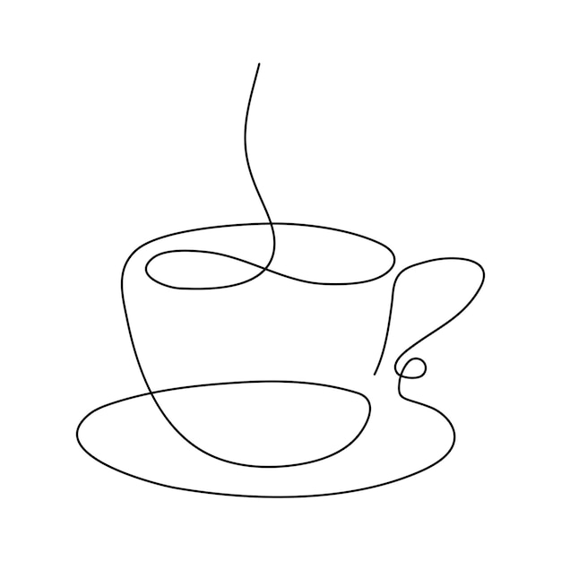 ホットドリンクソーサーにマグカップの線形描画、白い背景で隔離のコーヒーと手描きマグカップ、外形図。ベクターグラフィックス