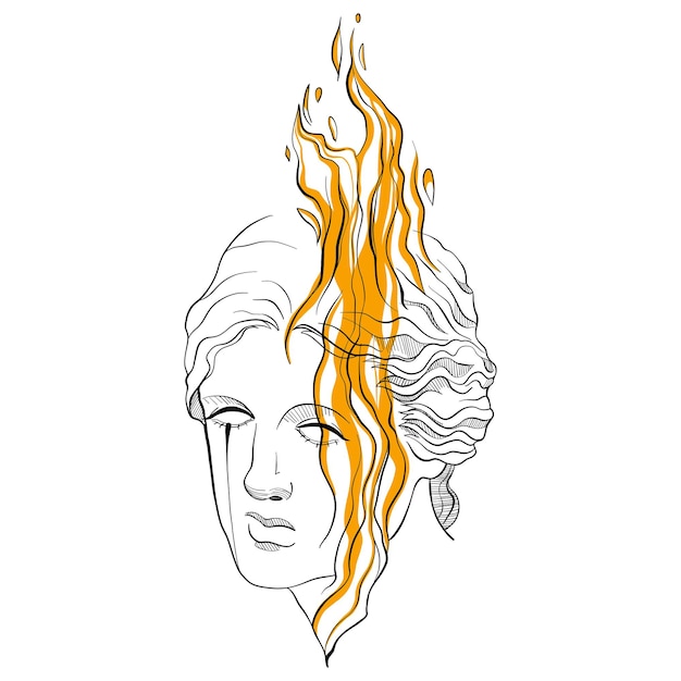 Linear drawing silhouette aphrodite crying in fire plaster head print