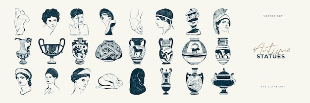 Vector linear drawings of heads of antique statues of the goddess and mythical god in the engraving style.