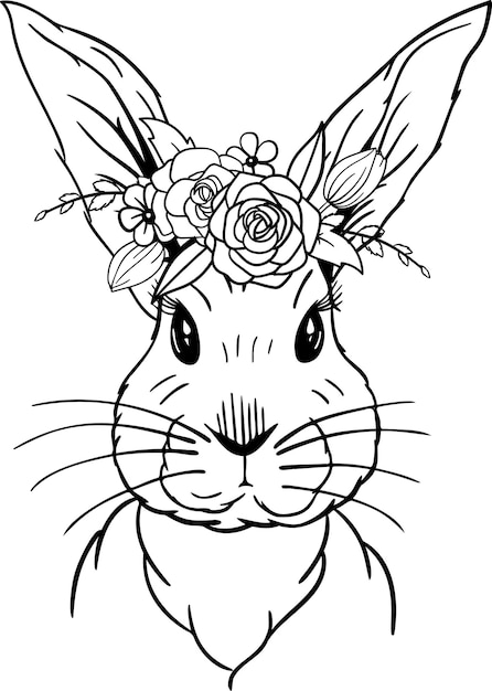 Linear easter bunny with flowers and leaves this art is perfect for invitation cards spring and su