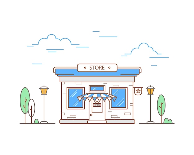 Linear exterior of the store. shop window front view. colored outline of the store and trees. vector illustration.