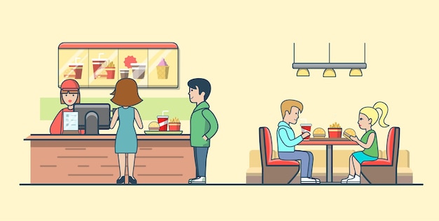 Vector linear flat couple eating burgers and fries, clients ordering food on bar. waiter, man, woman, client