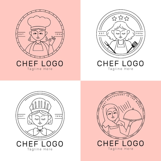 Vector linear flat female chef logo collection