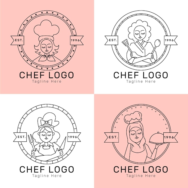 Linear flat female chef logo collection