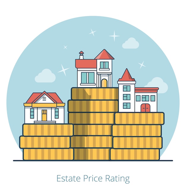 Case piane lineari in cima a un enorme mucchio di monete. differenza tra il concetto di valutazione dei prezzi di immobili e immobili costosi e più economici.