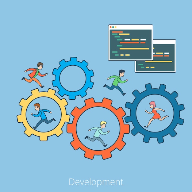 Linear flat people running on cogwheel and inside, program code interface window. business development concept.