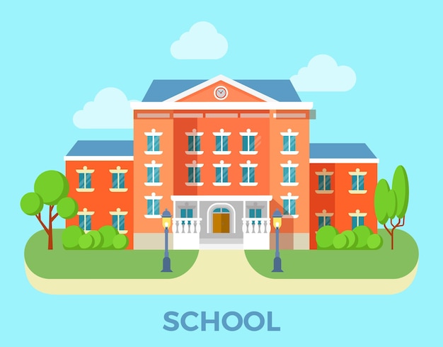 벡터 선형 평면 학교 건물 외관 입구 그림입니다. 교육 개념에 다시 오신 것을 환영합니다.