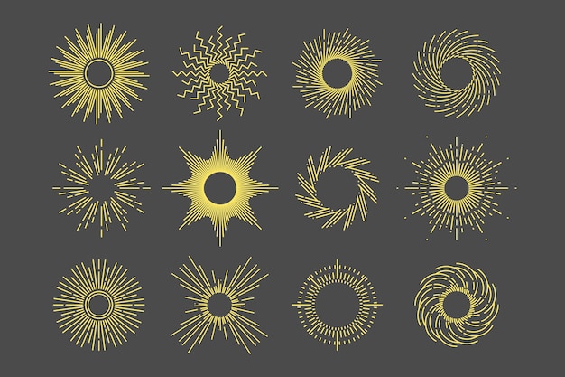 Vector linear flat sunbursts collection