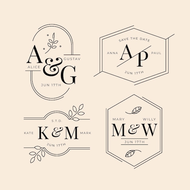 Vector linear flat wedding monograms collection