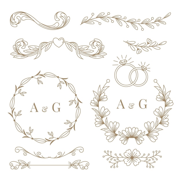 Vector linear flat wedding ornaments collection